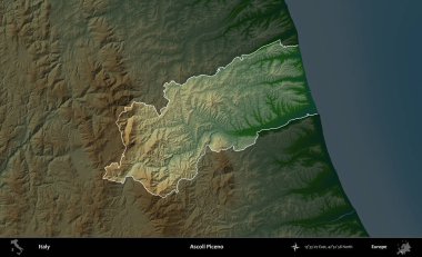 Ascoli Piceno. İtalya 'nın idari alanı koyu renkli bir yükseklik haritasına vurgulandı ve özetlendi