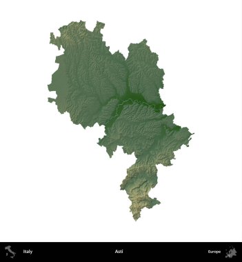 Asti. İtalya 'nın idari bölgesi renkli bir yükseklik haritasında beyaza izole edilmiş