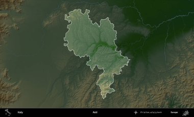 Asti. İtalya 'nın idari alanı koyu renkli bir yükseklik haritasına vurgulandı ve özetlendi