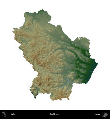 Basilicata. İtalya 'nın idari bölgesi renkli bir yükseklik haritasında beyaza izole edilmiş