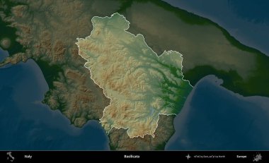 Basilicata. İtalya 'nın idari alanı koyu renkli bir yükseklik haritasına vurgulandı ve özetlendi