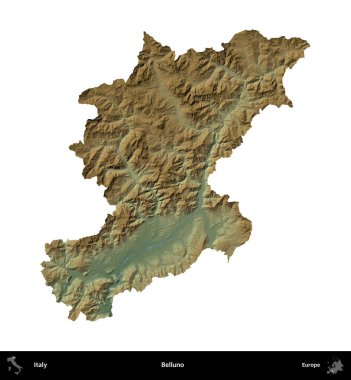 Belluno. İtalya 'nın idari bölgesi renkli bir yükseklik haritasında beyaza izole edilmiş