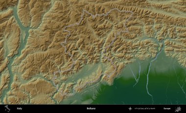 Belluno. İtalya 'nın idari bölgesi renkli bir yükseklik haritasında özetlendi