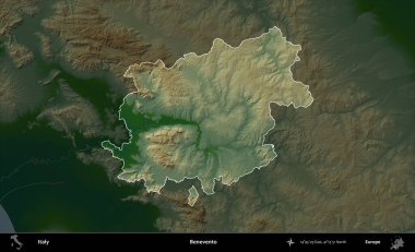Benevento. İtalya 'nın idari alanı koyu renkli bir yükseklik haritasına vurgulandı ve özetlendi