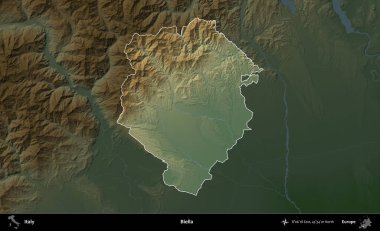 Biella. İtalya 'nın idari alanı koyu renkli bir yükseklik haritasına vurgulandı ve özetlendi