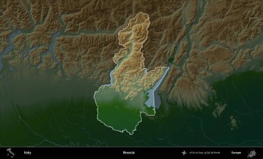 Brescia 'da. İtalya 'nın idari alanı koyu renkli bir yükseklik haritasına vurgulandı ve özetlendi
