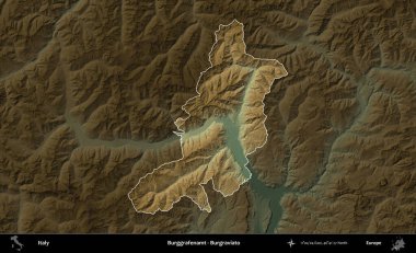 Burggrafenamt - Burgraviato. İtalya 'nın idari alanı koyu renkli bir yükseklik haritasına vurgulandı ve özetlendi