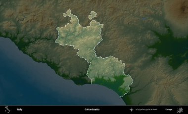 Caltanissetta. İtalya 'nın idari alanı koyu renkli bir yükseklik haritasına vurgulandı ve özetlendi