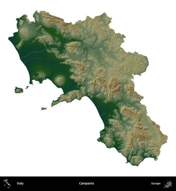 Campania 'da. İtalya 'nın idari bölgesi renkli bir yükseklik haritasında beyaza izole edilmiş