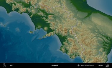 Campania 'da. İtalya 'nın idari bölgesi renkli bir yükseklik haritasında özetlendi