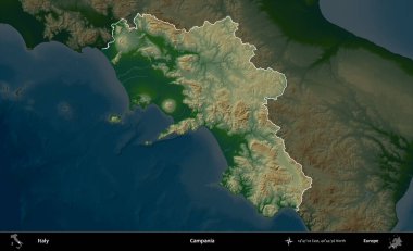 Campania 'da. İtalya 'nın idari alanı koyu renkli bir yükseklik haritasına vurgulandı ve özetlendi