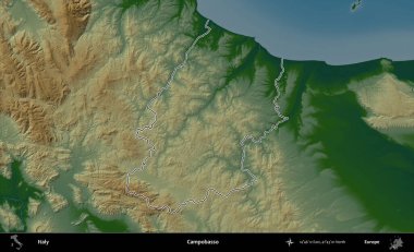 Campobasso. İtalya 'nın idari bölgesi renkli bir yükseklik haritasında özetlendi