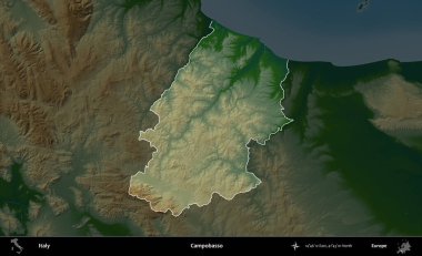 Campobasso. İtalya 'nın idari alanı koyu renkli bir yükseklik haritasına vurgulandı ve özetlendi