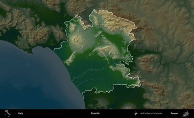 Caserta. İtalya 'nın idari alanı koyu renkli bir yükseklik haritasına vurgulandı ve özetlendi