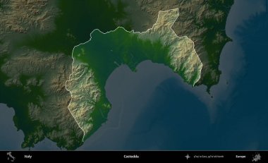 Casteddu. İtalya 'nın idari alanı koyu renkli bir yükseklik haritasına vurgulandı ve özetlendi