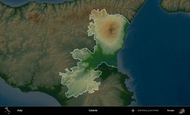 Catania 'da. İtalya 'nın idari alanı koyu renkli bir yükseklik haritasına vurgulandı ve özetlendi