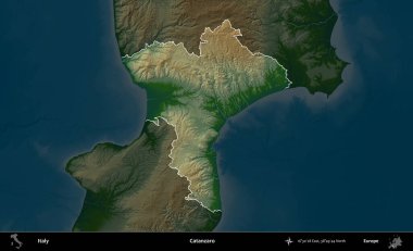 Katanzaro. İtalya 'nın idari alanı koyu renkli bir yükseklik haritasına vurgulandı ve özetlendi