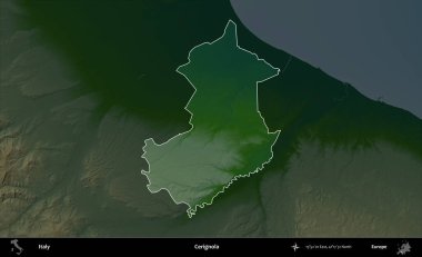 Cerignola. İtalya 'nın idari alanı koyu renkli bir yükseklik haritasına vurgulandı ve özetlendi