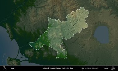 Unione di Comuni Montani Colline del Fiora. İtalya 'nın idari alanı koyu renkli bir yükseklik haritasına vurgulandı ve özetlendi