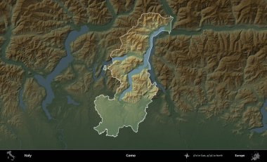 Como. İtalya 'nın idari alanı koyu renkli bir yükseklik haritasına vurgulandı ve özetlendi