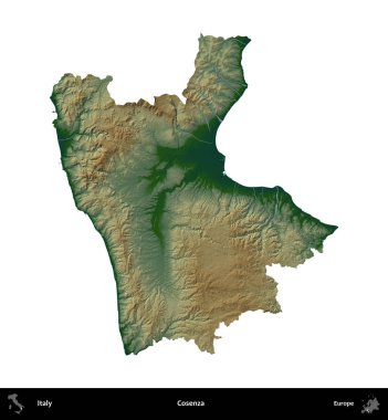 Cosenza. İtalya 'nın idari bölgesi renkli bir yükseklik haritasında beyaza izole edilmiş