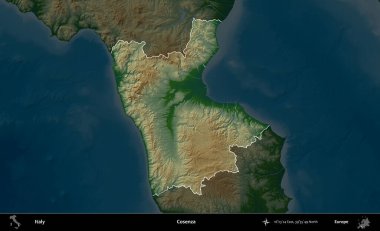 Cosenza. İtalya 'nın idari alanı koyu renkli bir yükseklik haritasına vurgulandı ve özetlendi