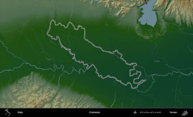 Krema. İtalya 'nın idari bölgesi renkli bir yükseklik haritasında özetlendi