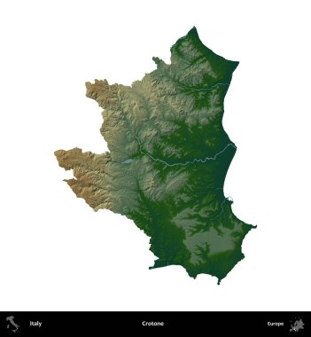 Crotone. İtalya 'nın idari bölgesi renkli bir yükseklik haritasında beyaza izole edilmiş