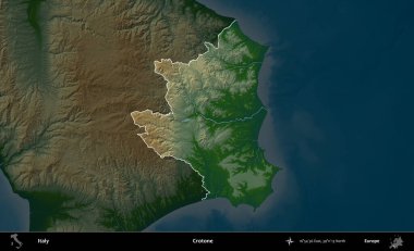 Crotone. İtalya 'nın idari alanı koyu renkli bir yükseklik haritasına vurgulandı ve özetlendi