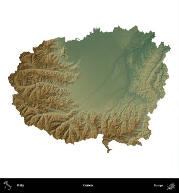 Cuneo. İtalya 'nın idari bölgesi renkli bir yükseklik haritasında beyaza izole edilmiş