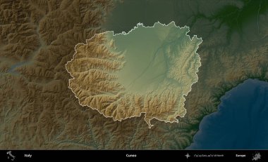 Cuneo. İtalya 'nın idari alanı koyu renkli bir yükseklik haritasına vurgulandı ve özetlendi