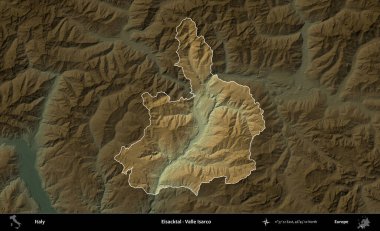 Eisacktal - Valle Isarco. İtalya 'nın idari alanı koyu renkli bir yükseklik haritasına vurgulandı ve özetlendi