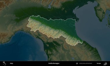 Emilia-Romagna. İtalya 'nın idari alanı koyu renkli bir yükseklik haritasına vurgulandı ve özetlendi