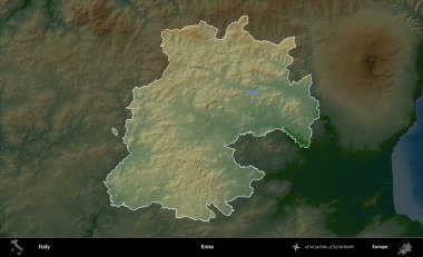 Enna. İtalya 'nın idari alanı koyu renkli bir yükseklik haritasına vurgulandı ve özetlendi