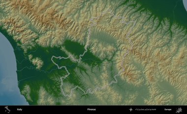 Firenze. İtalya 'nın idari bölgesi renkli bir yükseklik haritasında özetlendi