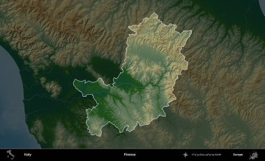 Firenze. İtalya 'nın idari alanı koyu renkli bir yükseklik haritasına vurgulandı ve özetlendi