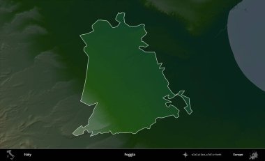 Sis. İtalya 'nın idari alanı koyu renkli bir yükseklik haritasına vurgulandı ve özetlendi