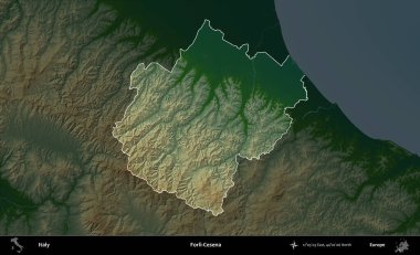 Forli-Cesena. İtalya 'nın idari alanı koyu renkli bir yükseklik haritasına vurgulandı ve özetlendi