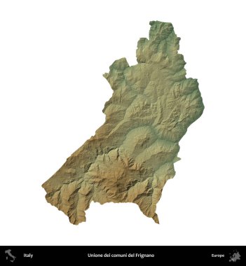 Unione dei comuni del Frignano. İtalya 'nın idari bölgesi renkli bir yükseklik haritasında beyaza izole edilmiş
