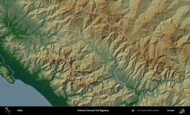 Unione Comuni Garfagnana. İtalya 'nın idari bölgesi renkli bir yükseklik haritasında özetlendi