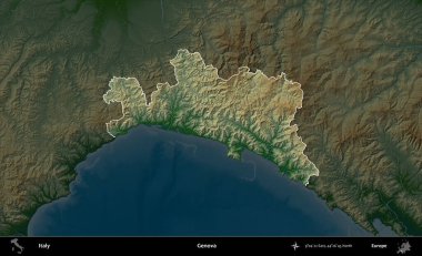 Cenova. İtalya 'nın idari alanı koyu renkli bir yükseklik haritasına vurgulandı ve özetlendi