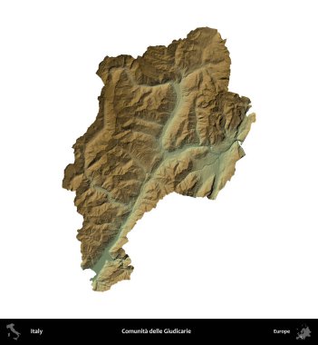 Comunita delle Giudicarie. İtalya 'nın idari bölgesi renkli bir yükseklik haritasında beyaza izole edilmiş