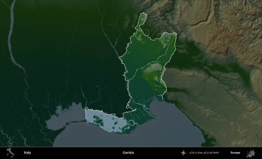 Gorizia. İtalya 'nın idari alanı koyu renkli bir yükseklik haritasına vurgulandı ve özetlendi