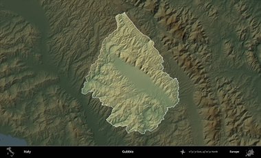 Gubbio. İtalya 'nın idari alanı koyu renkli bir yükseklik haritasına vurgulandı ve özetlendi