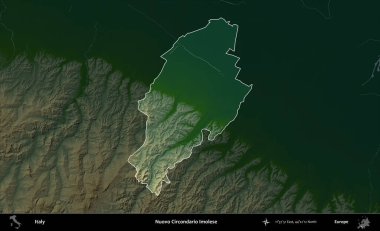 Nuovo Circondario Imolese. İtalya 'nın idari alanı koyu renkli bir yükseklik haritasına vurgulandı ve özetlendi