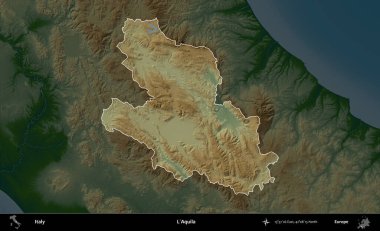 L'Aquila. İtalya 'nın idari alanı koyu renkli bir yükseklik haritasına vurgulandı ve özetlendi