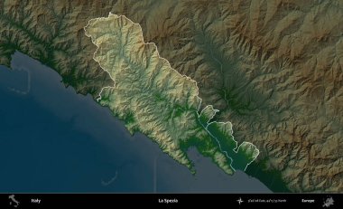La Spezia 'da. İtalya 'nın idari alanı koyu renkli bir yükseklik haritasına vurgulandı ve özetlendi