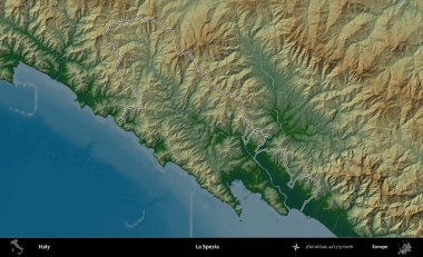 La Spezia 'da. İtalya 'nın idari bölgesi renkli bir yükseklik haritasında özetlendi