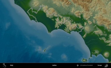 Latin. İtalya 'nın idari bölgesi renkli bir yükseklik haritasında özetlendi