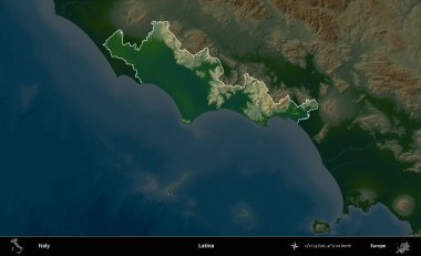 Latin. İtalya 'nın idari alanı koyu renkli bir yükseklik haritasına vurgulandı ve özetlendi